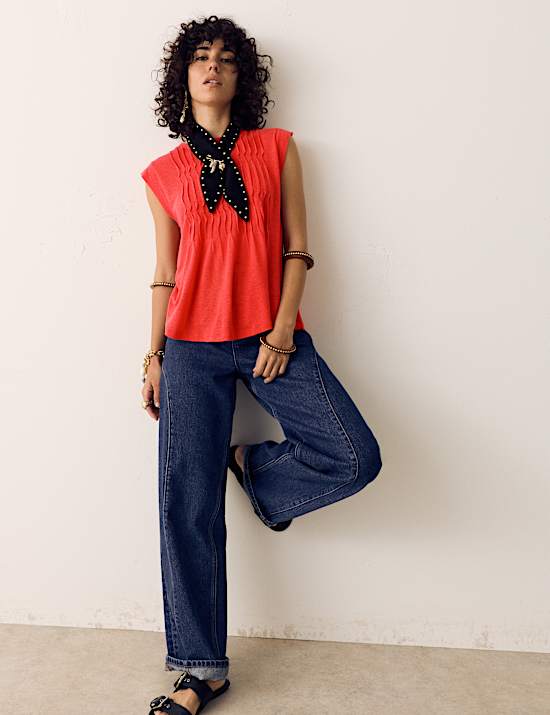 Linen Blend Pleat Yoke Top