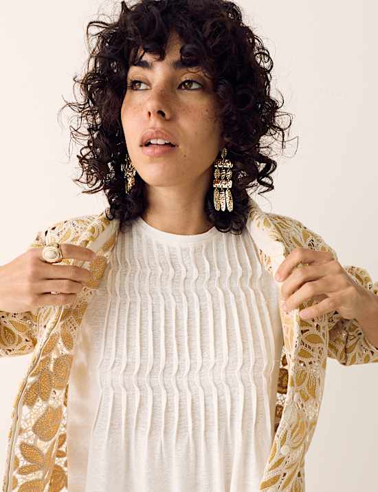 Top van linnenmix met geplooide schouderpanden