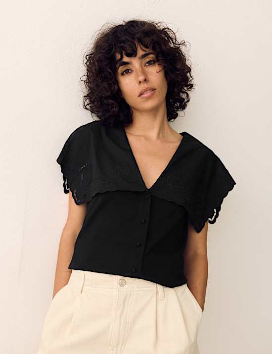 Pure Cotton Embroidered V-Neck Top