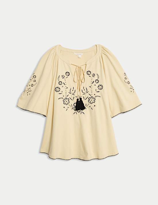 Pure Cotton Embroidered Tie Neck Blouse
