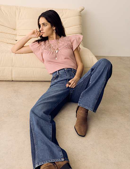 Pure Cotton Pintuck Yoke Angel Sleeve Top