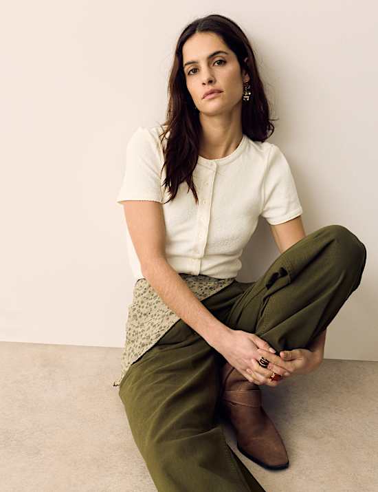 Cotton Rich Ribbed Button Front Top