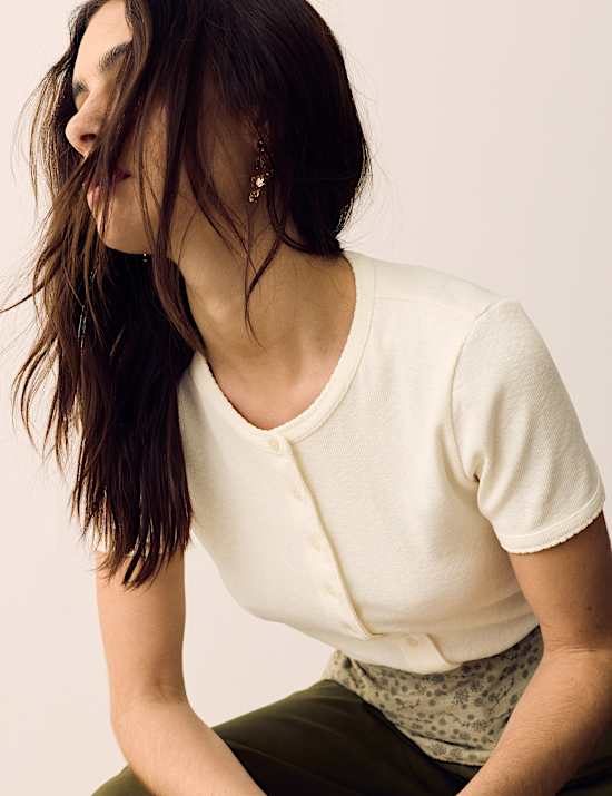 Cotton Rich Ribbed Button Front Top