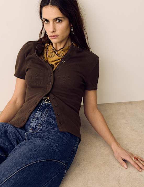 Cotton Rich Ribbed Button Front Top