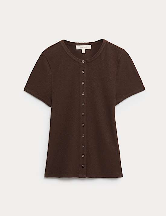 Cotton Rich Ribbed Button Front Top