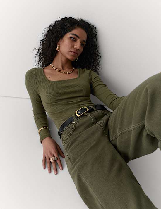 Cotton Modal Blend Ribbed Square Neck Top