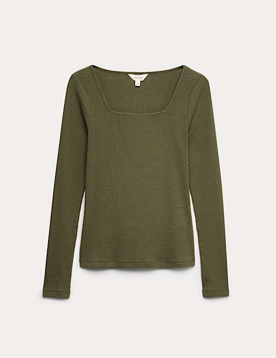 Cotton Modal Blend Ribbed Square Neck Top