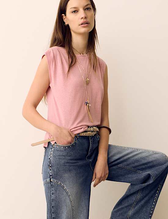 Linen Blend Pleated Shoulder Detail Muscle Top