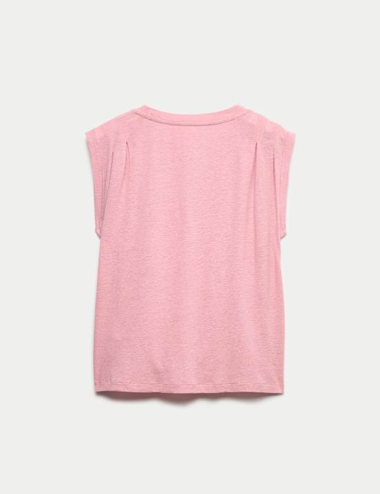 Linen Blend Pleated Shoulder Detail Muscle Top