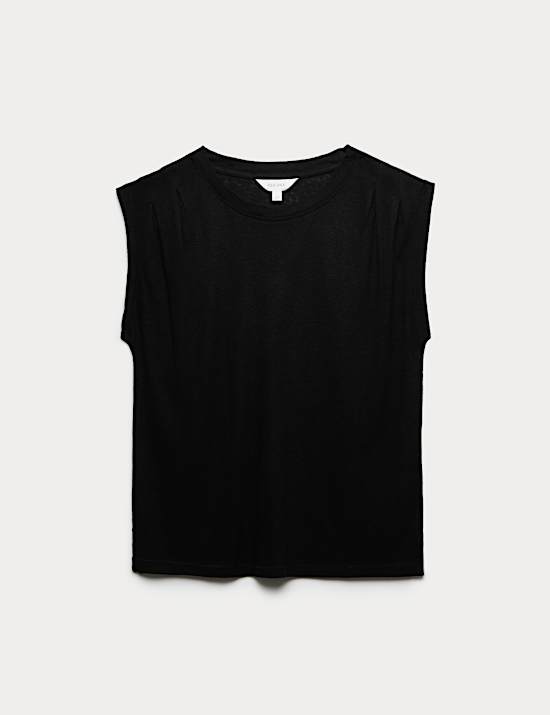 Linen Blend Pleated Shoulder Detail Muscle Top