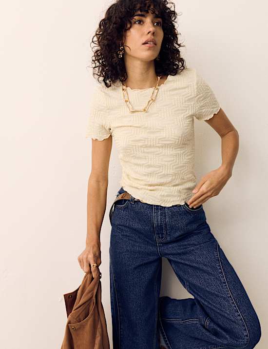 Cotton Rich Jersey Textured Relaxed Short Sleeve Top