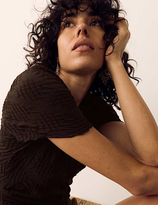 Cotton Rich Jersey Textured Relaxed Short Sleeve Top