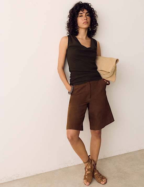 Cotton Rich Ribbed Ruched Cowl Neck Vest