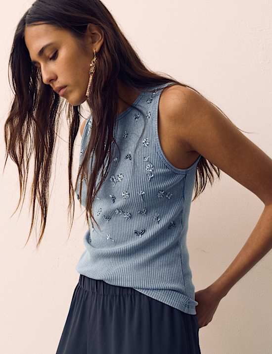 Cotton Rich Jersey Ribbed Embellished Vest