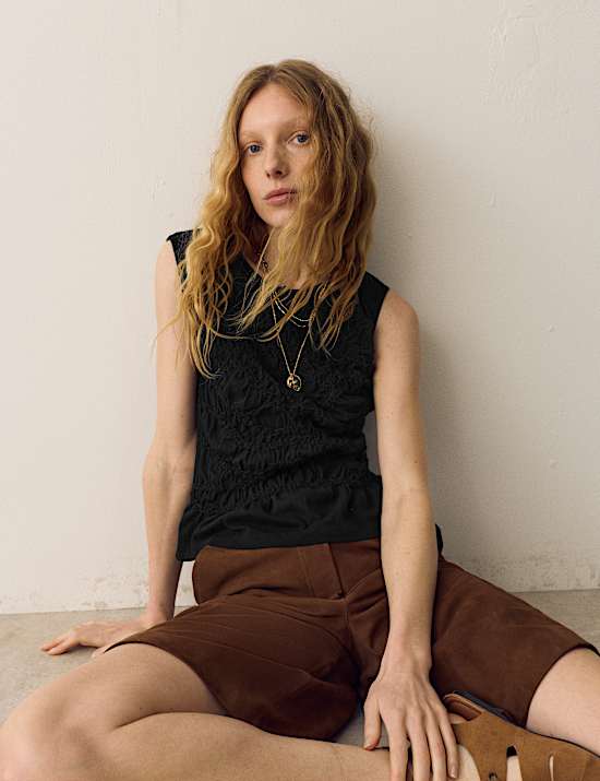 Pure Cotton Crew Neck Shirred Front Top