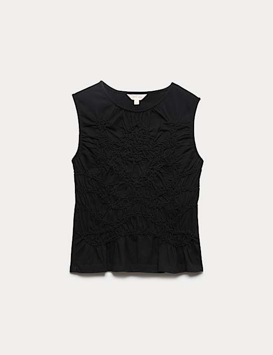 Pure Cotton Crew Neck Shirred Front Top