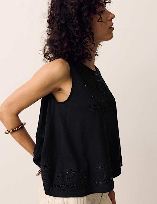 Cotton Rich Embellished Trapeze Vest Top