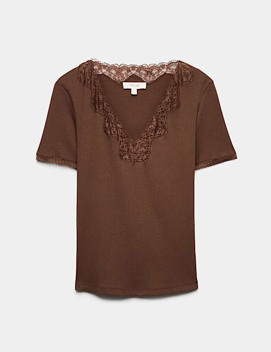 Lace Insert V-Neck Short Sleeve T-Shirt