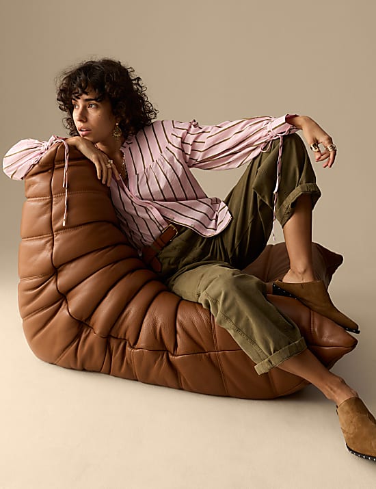 Cotton Blend Striped V-Neck Shirt