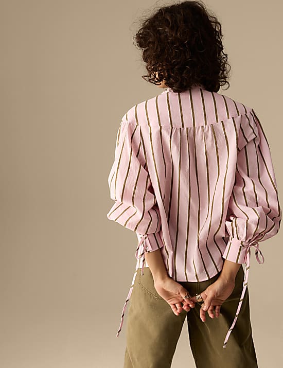 Cotton Blend Striped V-Neck Shirt