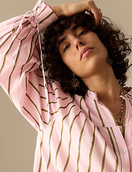 Cotton Blend Striped V-Neck Shirt