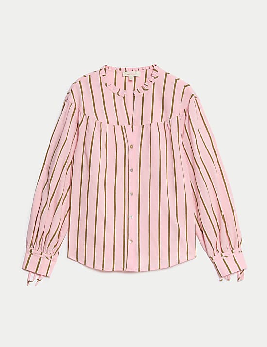 Cotton Blend Striped V-Neck Shirt