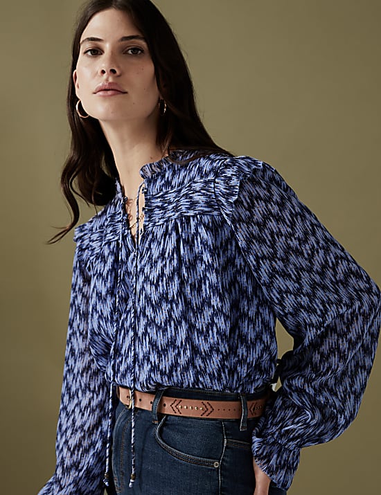 Floral Tie Neck Pintuck Ruffle Blouse