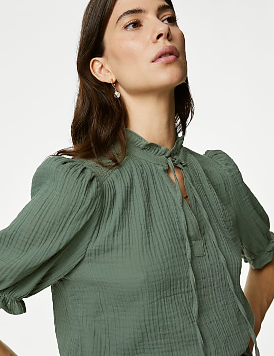 Pure Cotton Textured Notch Neck Blouse