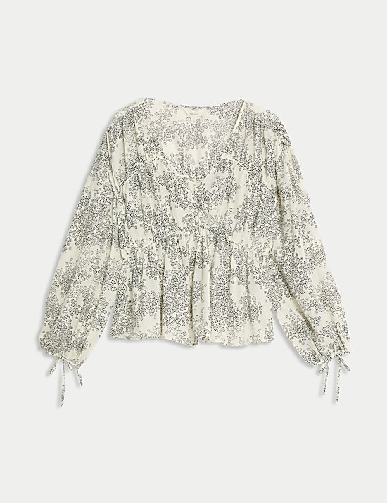 Cotton Rich Printed V-Neck Seam Detail Blouse