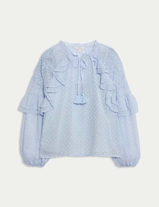 Textured Tie Neck Ruffle Puff Sleeve Blouse