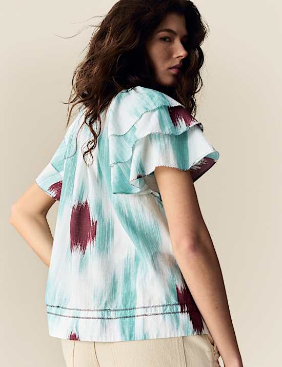 Cotton Rich Printed Tie Neck Frill Detail Top
