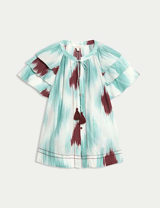 Cotton Rich Printed Tie Neck Frill Detail Top