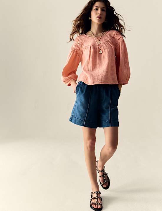 Pure Cotton Blouson Sleeve Popover Blouse