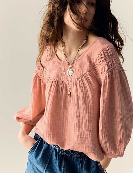 Pure Cotton Blouson Sleeve Popover Blouse