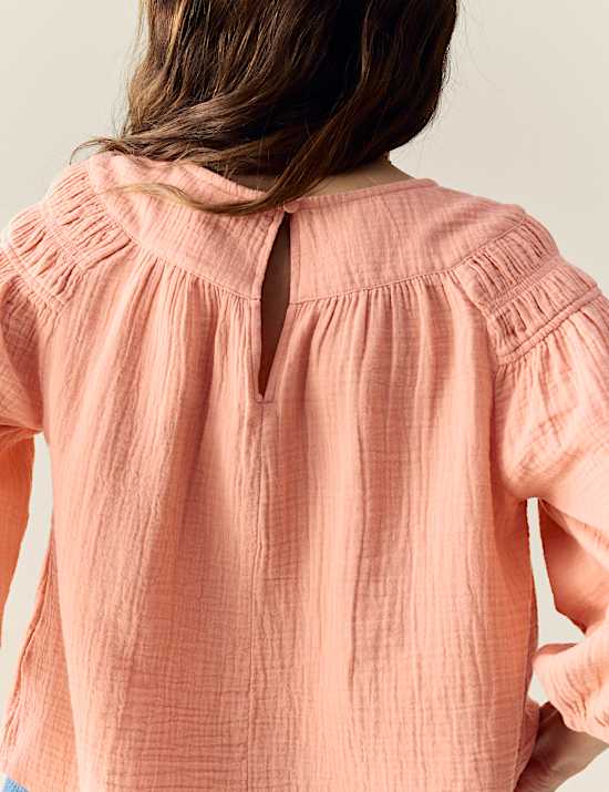 Pure Cotton Blouson Sleeve Popover Blouse