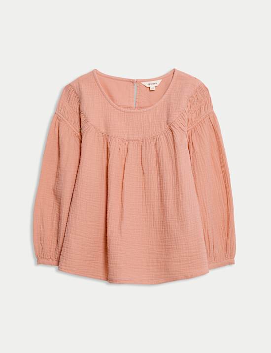 Pure Cotton Blouson Sleeve Popover Blouse