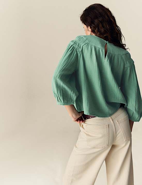 Pure Cotton Blouson Sleeve Popover Blouse