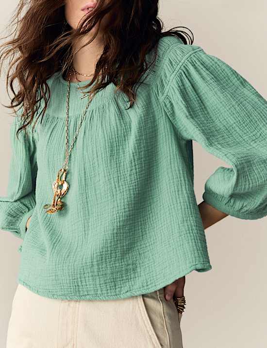 Pure Cotton Blouson Sleeve Popover Blouse