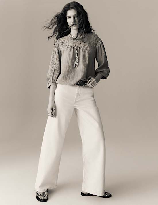 Pure Cotton Blouson Sleeve Popover Blouse