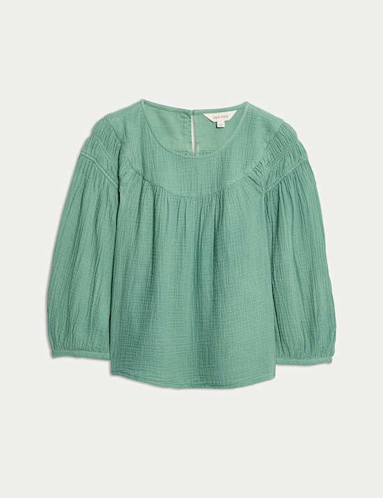 Pure Cotton Blouson Sleeve Popover Blouse