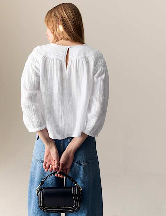 Pure Cotton Blouson Sleeve Popover Blouse