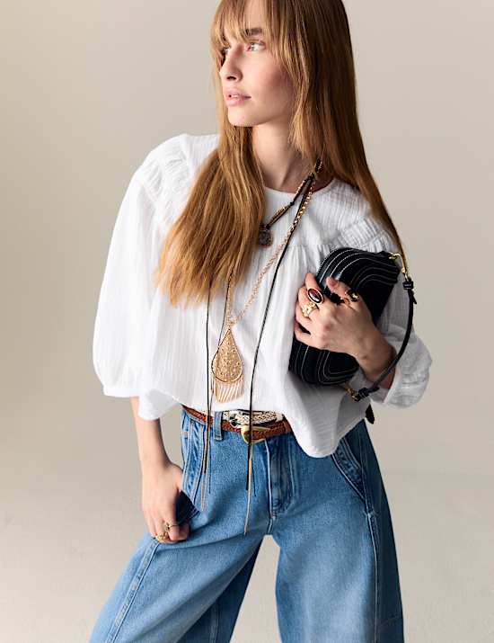 Pure Cotton Blouson Sleeve Popover Blouse