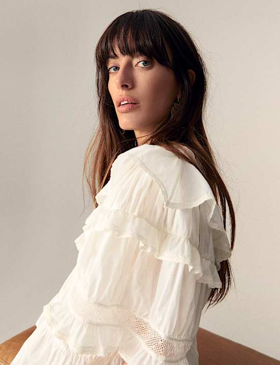 Pure Cotton Round Neck Ruffle Blouse