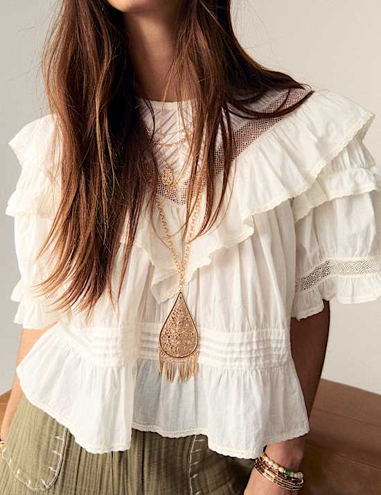 Pure Cotton Round Neck Ruffle Blouse