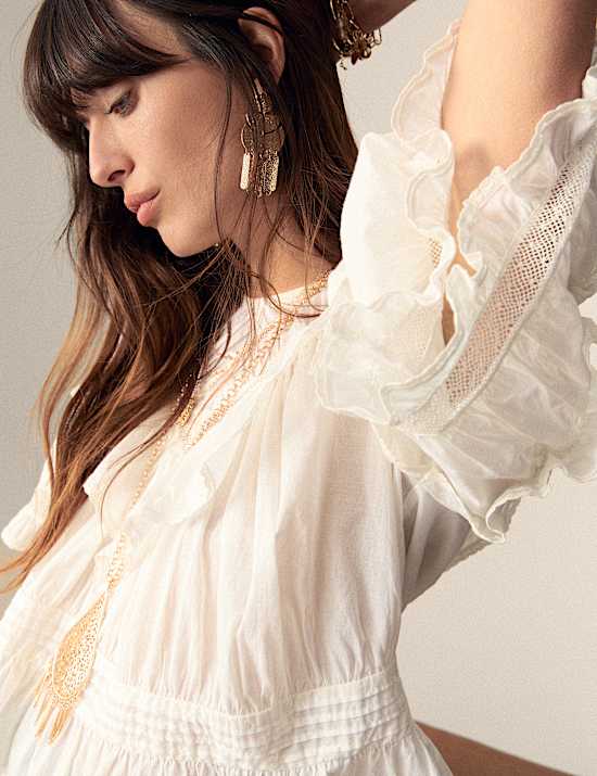 Pure Cotton Round Neck Ruffle Blouse