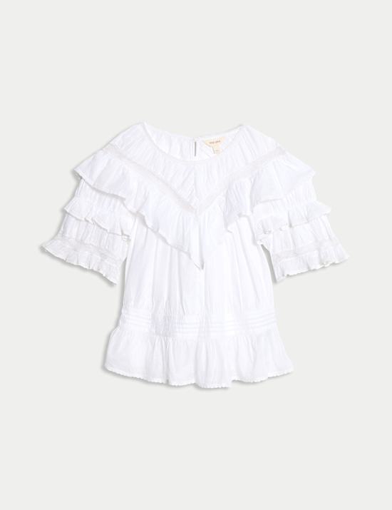 Pure Cotton Round Neck Ruffle Blouse