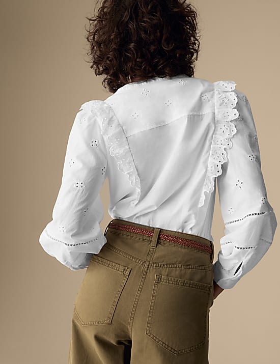 Pure Cotton Embroidered Ruffle Shirt