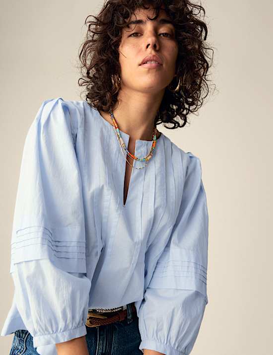 Pure Cotton V-Neck Pintuck Blouse