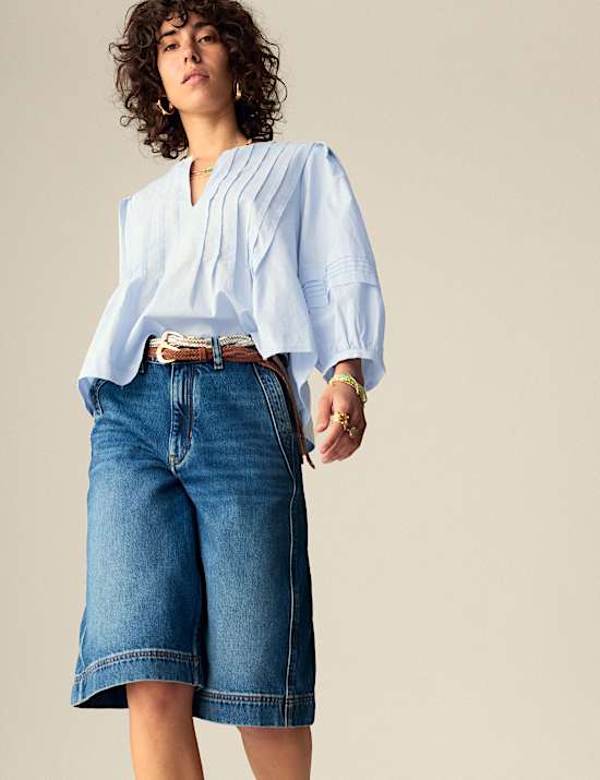 Pure Cotton V-Neck Pintuck Blouse