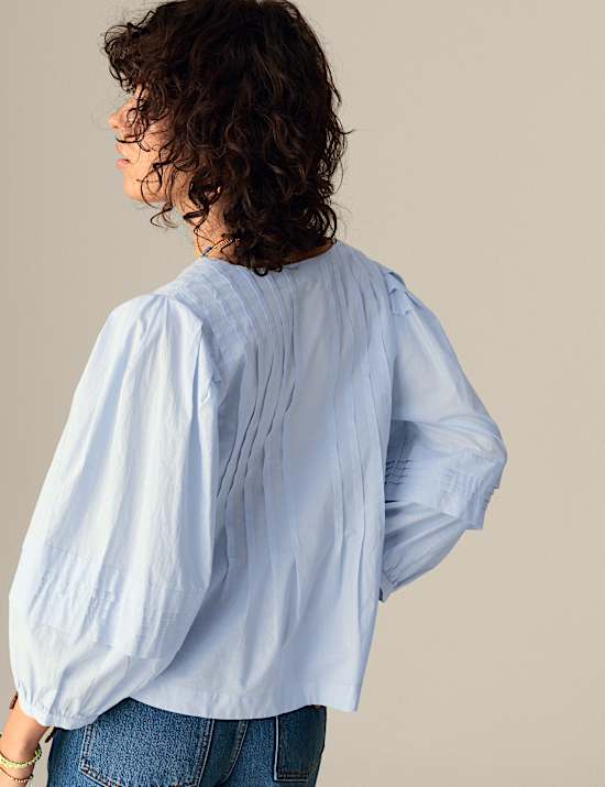 Pure Cotton V-Neck Pintuck Blouse